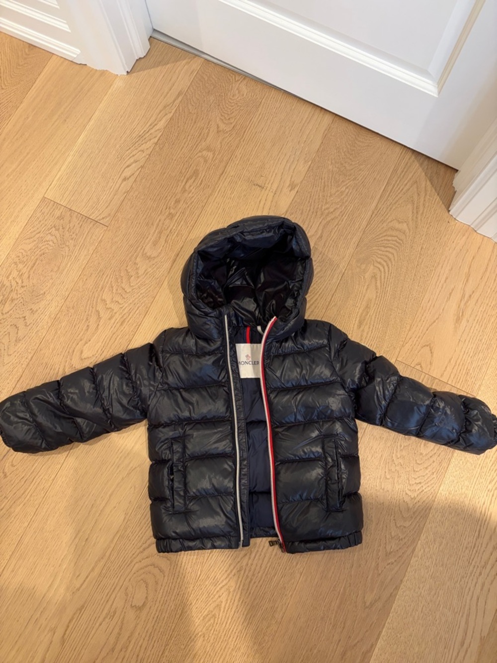 Moncler Kids Black Puffer Jacket with Red Trim
